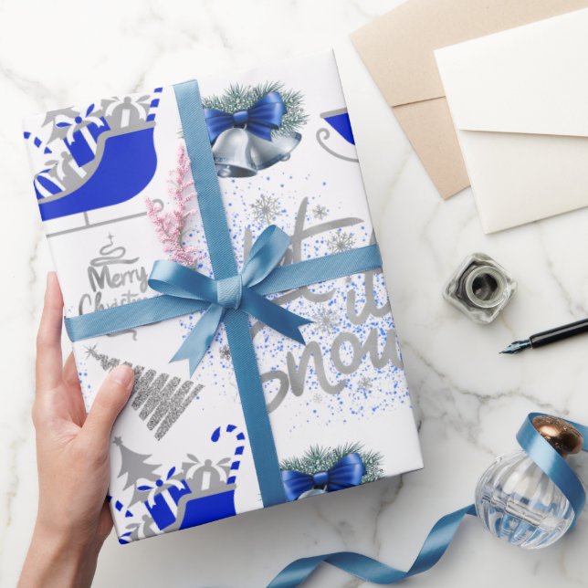 Papel De Presente Azul e Prata Deixar nevar em branco | (Presentear)