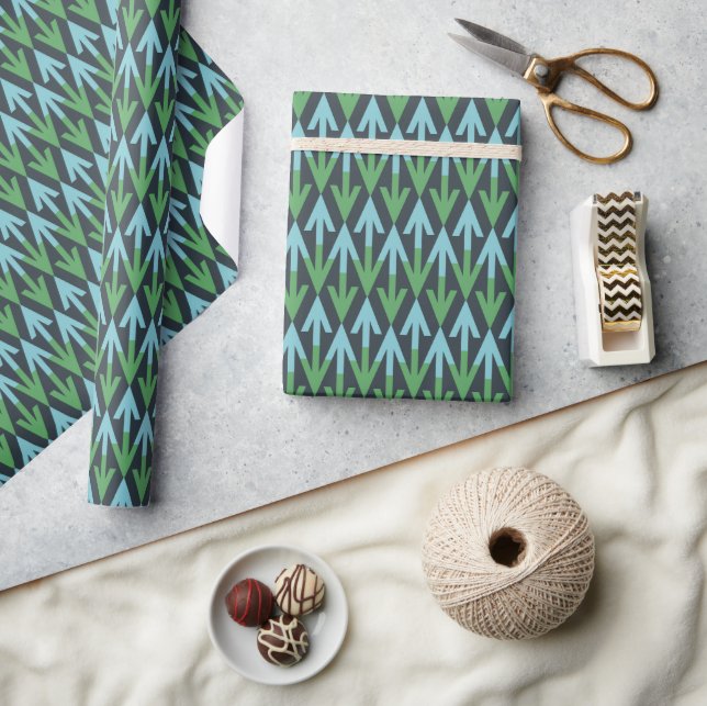 Papel De Presente Azul e Verde Linhas de Setas Geométricas Modernas (Artesanato)