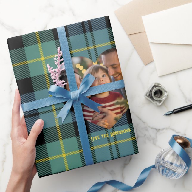 Papel De Presente Azul e Verde Moderno Tartan Foto Natal (Presentear)