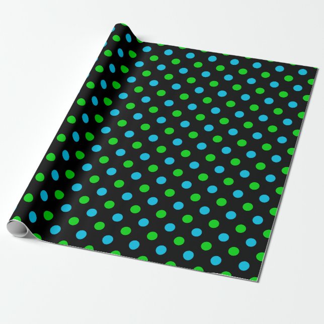 Papel De Presente Azul e Verde Sobre Pontos Pretos Estilo Bolinhas  (Desenrolado)