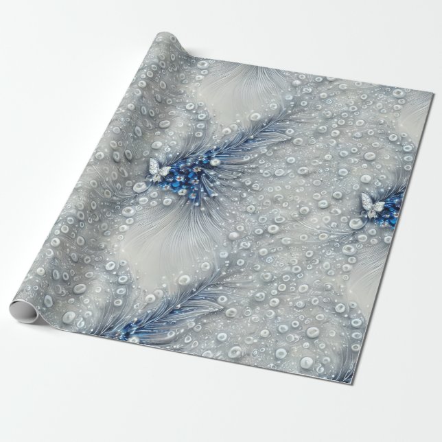 Papel De Presente Azul Elegante, Cinzas e Bejweled Brancos (Desenrolado)