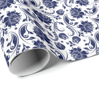 Azul Elegante - Damascos Florais Brancos