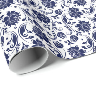 Papel De Presente Azul Elegante - Damascos Florais Brancos
