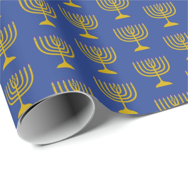 Papel De Presente Azul Elegante de Médio | Hanukkah | CANDELABRO (Ponta do rolo)
