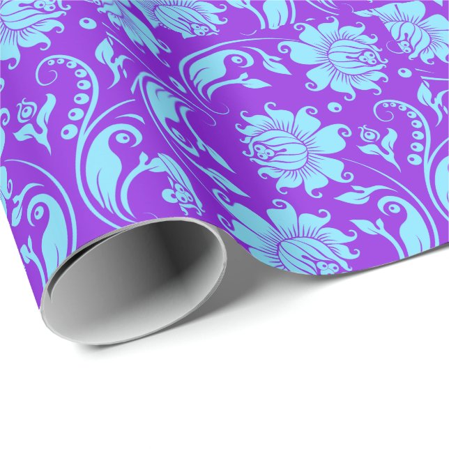 Papel De Presente Azul Elegante e Damascos Florais Roxos (Ponta do rolo)