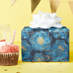 Papel De Presente Azul Elegante e Dourado Floral - Na moda botânico