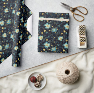 Papel De Presente Azul Elegante e Dourado Natal Floral