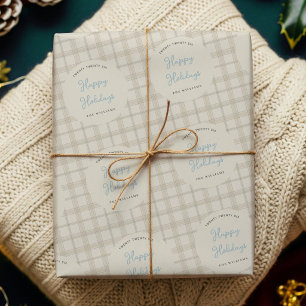 Papel De Presente Azul Empoeirado Bege Macio Xadrez Férias Natal
