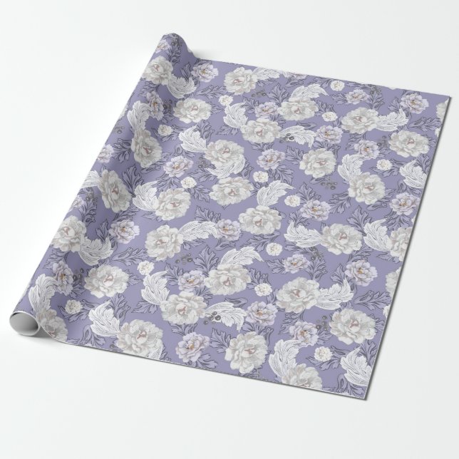 Papel de presente azul empoeirado com peônias flor (Desenrolado)