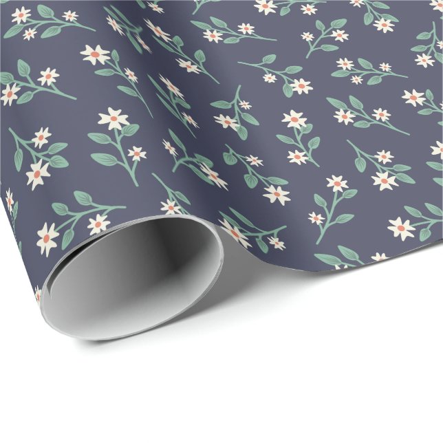 Papel De Presente Azul Escuro com Traço de Padrão Floral Branco e Ve (Ponta do rolo)
