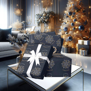 Papel De Presente Azul Escuro & Dourado Estrelas Brilho da Meia-Noit