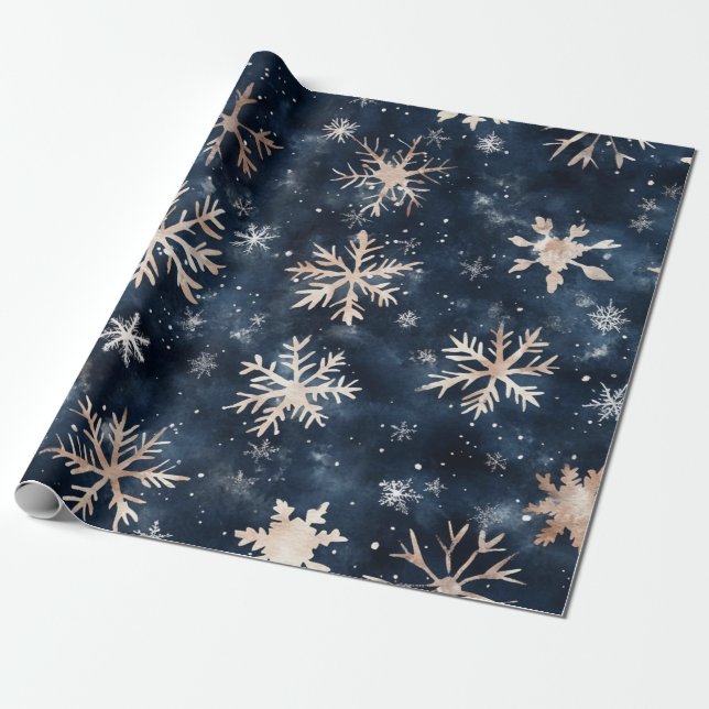 Papel De Presente Azul Escuro Simples com Flocos de Neve (Desenrolado)