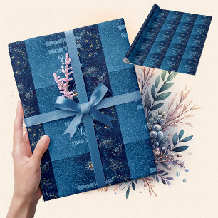 Papel De Presente Azul Espumante Ano Novo Estrelas de Brilho Festa F