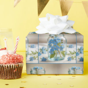 Papel De Presente Azul Esqueça-me-não Flores em um Jar