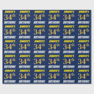 Papel De Presente Azul, falso/ouro de imitação, "34o ANIVERSÁRIO 
