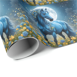 Papel De Presente Azul Fantasia Flores de Lua de Cavalo Mágico,