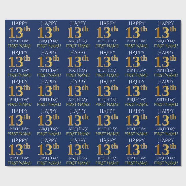 Papel De Presente Azul, Faux Dourado "FELIZ 13 ANIVERSÁRIO" (Aberto)