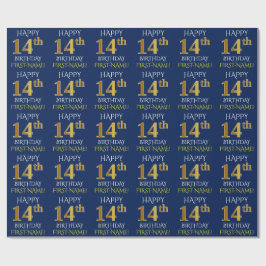 Papel De Presente Azul, Faux Dourado "FELIZ 14 ANIVERSÁRIO"