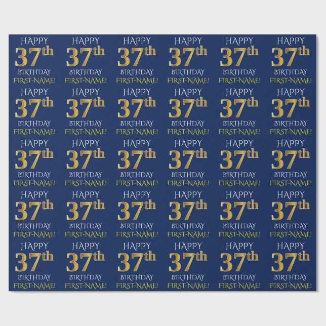 Papel De Presente Azul, Faux Dourado "FELIZ 37 ANOS" (Aberto)