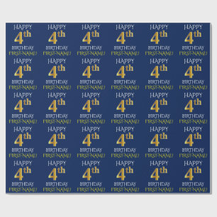 Papel De Presente Azul, Faux Dourado "FELIZ 4º ANIVERSÁRIO"