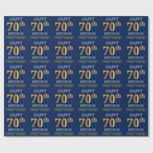 Papel De Presente Azul, Faux Dourado "FELIZ 70 ANIVERSÁRIO"