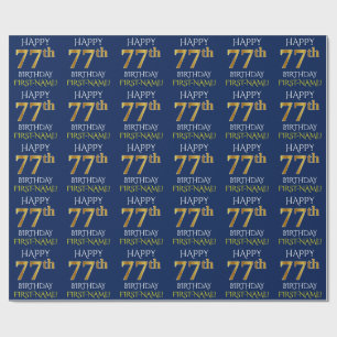 Papel De Presente Azul, Faux Dourado "FELIZ 77 ANOS"