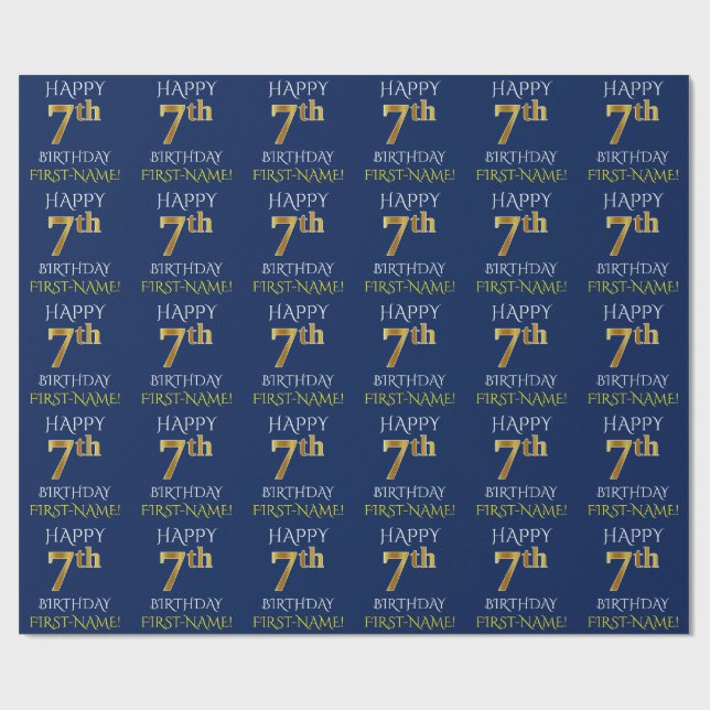 Papel De Presente Azul, Faux Dourado "FELIZ 7 ANIVERSÁRIO" (Aberto)