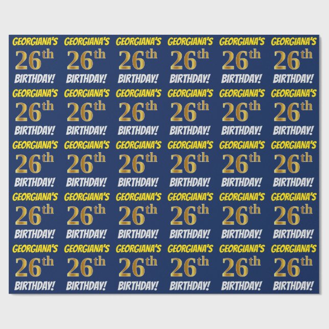 Papel De Presente Azul, Faux/Imitação Dourada, "26º ANIVERSÁRIO" (Aberto)