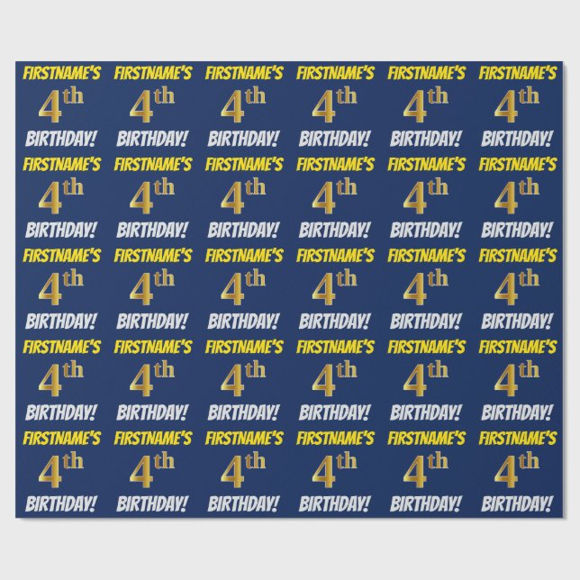 Papel De Presente Azul, Faux/Imitação Dourada, "4º ANIVERSÁRIO" (Aberto)