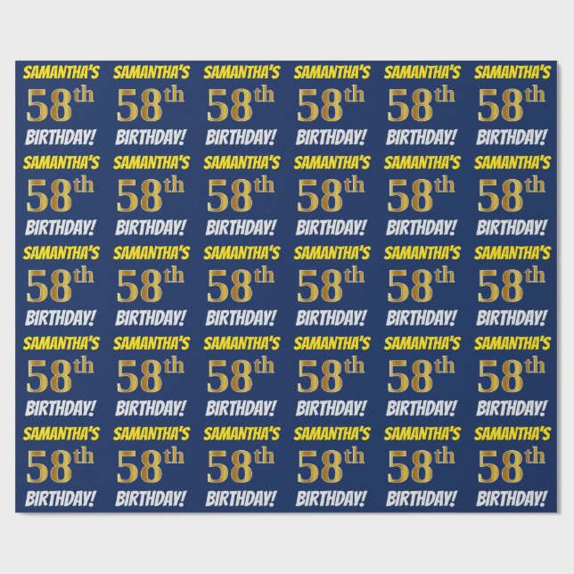 Papel De Presente Azul, Faux/Imitação Dourada, "58º ANIVERSÁRIO" (Aberto)