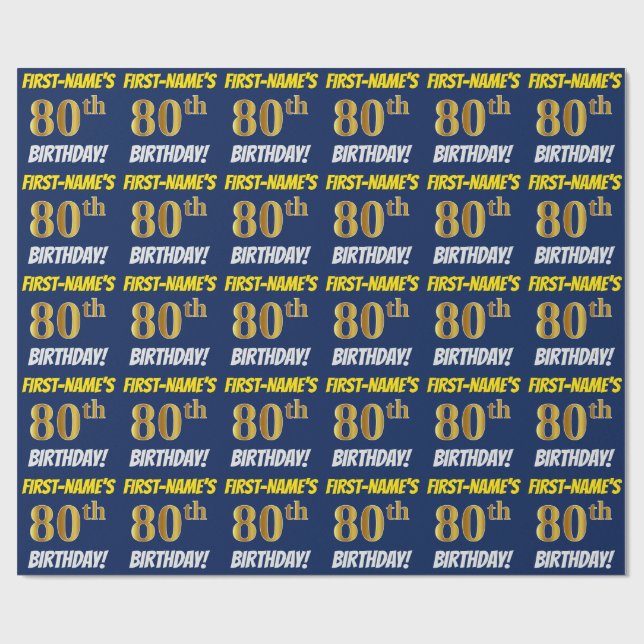 Papel De Presente Azul, Faux/Imitação Dourada, "ANIVERSÁRIO 80" (Aberto)