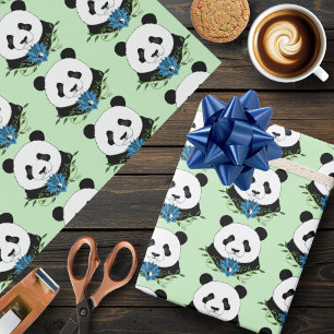 Papel De Presente Azul Flor de Lotus Panda Bear