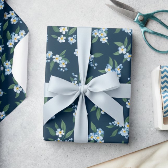 Papel De Presente Azul Floral (sweet elegant blue floral forget me not gift wrapping paper)