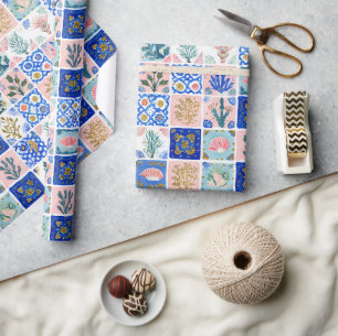 Papel De Presente Azul Floral Coral Rosa Oceano Praia