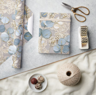 Papel De Presente Azul Floral Creme Ouro Elegante 