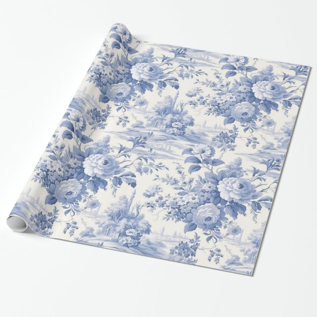 Papel De Presente Azul floral francês (Desenrolado)
