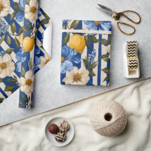 Papel De Presente Azul Floral Listra de Limão Elegante
