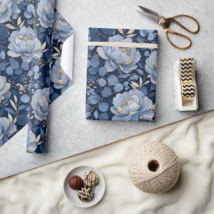 Papel De Presente Azul Floral Ouro Elegante 