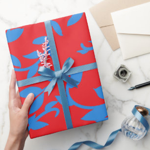 Papel De Presente Azul Folhas Vinhas Vermelho Botânico