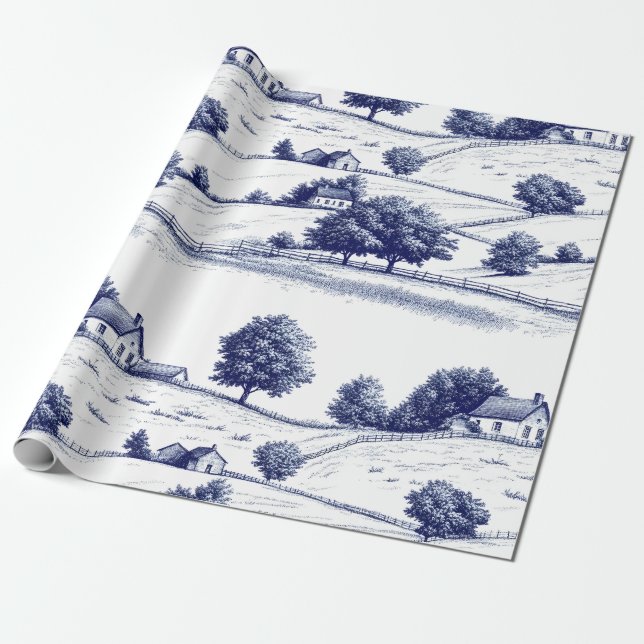 Papel De Presente Azul Francês Toile Vintage Arquitetura Pastoral (Desenrolado)