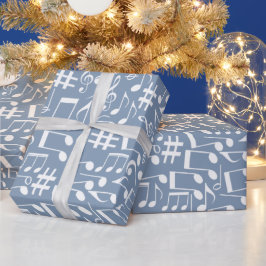 Papel De Presente Azul Fumê com Notas Musicais Dançantes