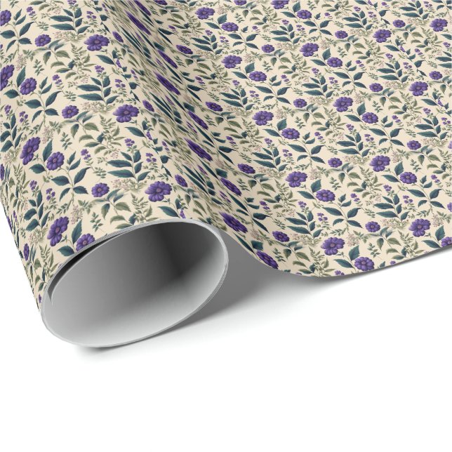Papel De Presente Azul Genciana Floral Vintage (Ponta do rolo)