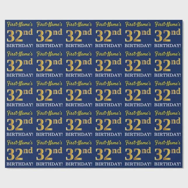 Papel De Presente Azul, Imitação Dourada "32º ANIVERSÁRIO" (Aberto)
