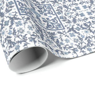 Papel De Presente Azul Jeans Floral