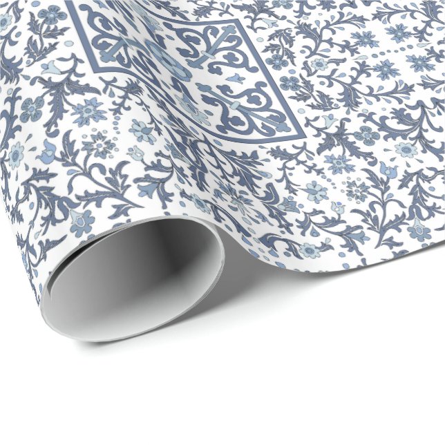 Papel De Presente Azul Jeans Floral (Ponta do rolo)