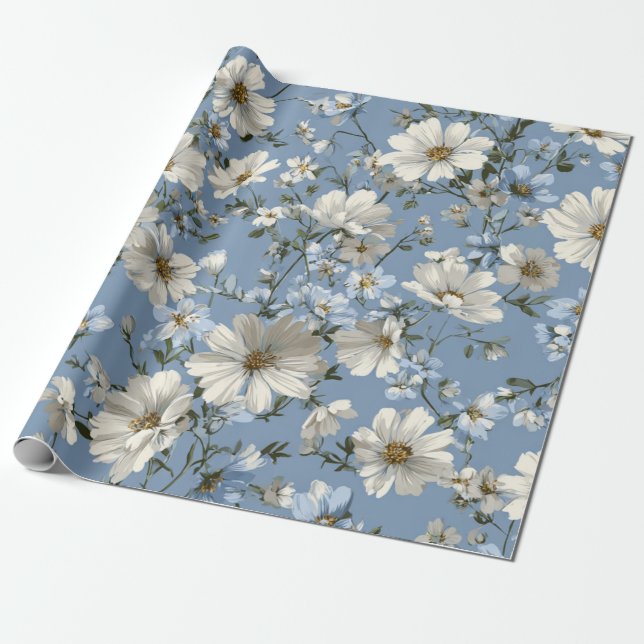 Papel De Presente Azul Macio Branco Flor Ditsy Pastel Boho 70s  (Desenrolado)