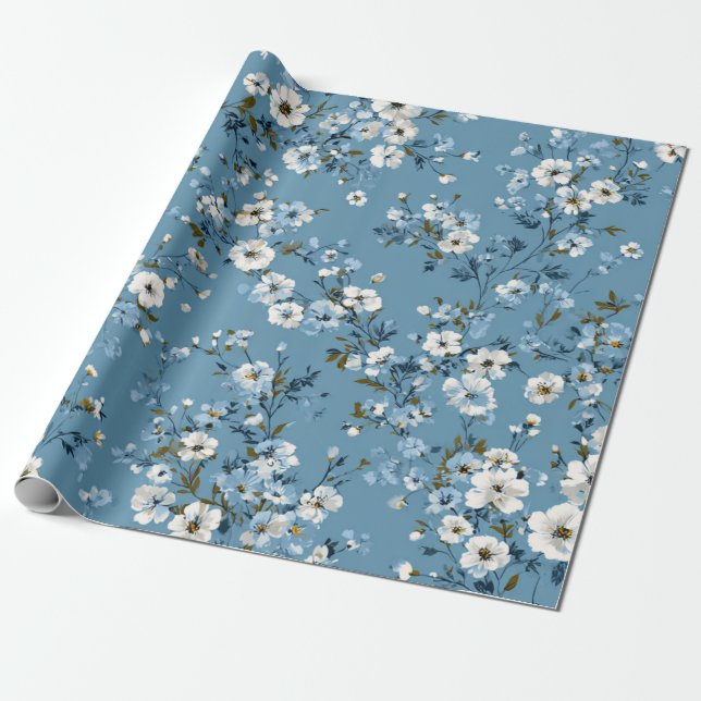 Papel De Presente Azul Macio Branco Flor Ditsy Pastel Boho 70s  (Desenrolado)