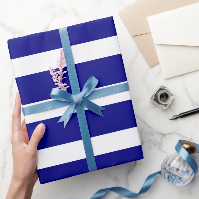 Papel De Presente Azul Marinho Branco Clássico Listras Horizontais (Presentear)