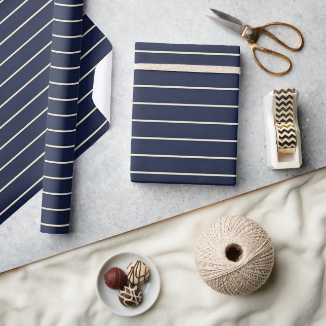 Papel De Presente Azul Marinho Clássico com Listras Finas de Marfim  (Artesanato)