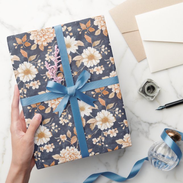 Papel De Presente Azul Marinho Creme Floral Pêssego (Presentear)